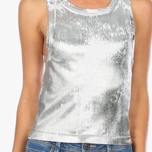 No Comment Ribbed Metallic Tank Top L Silver Shimmer Sleeveless